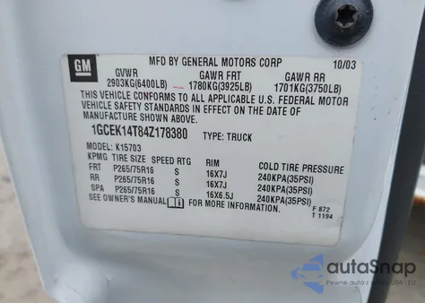 2004 Chevrolet Silverado 1500 Z71 from USA, damaged, VIN 1GCEK14T84Z178380